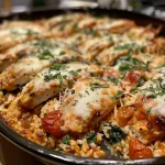['Close-up of a Chicken Parmesan Rice Bake with melted cheese and garnishes.', 'Side view of a delicious Chicken Parmesan Rice Bake in a baking dish.', 'Juicy Chicken Parmesan Rice Bake topped with herbs and cheese, served hot.', 'A hearty Chicken Parmesan Rice Bake showcasing layers of chicken and rice.']