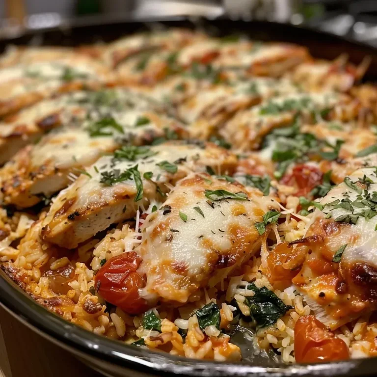 ['Close-up of a Chicken Parmesan Rice Bake with melted cheese and garnishes.', 'Side view of a delicious Chicken Parmesan Rice Bake in a baking dish.', 'Juicy Chicken Parmesan Rice Bake topped with herbs and cheese, served hot.', 'A hearty Chicken Parmesan Rice Bake showcasing layers of chicken and rice.']