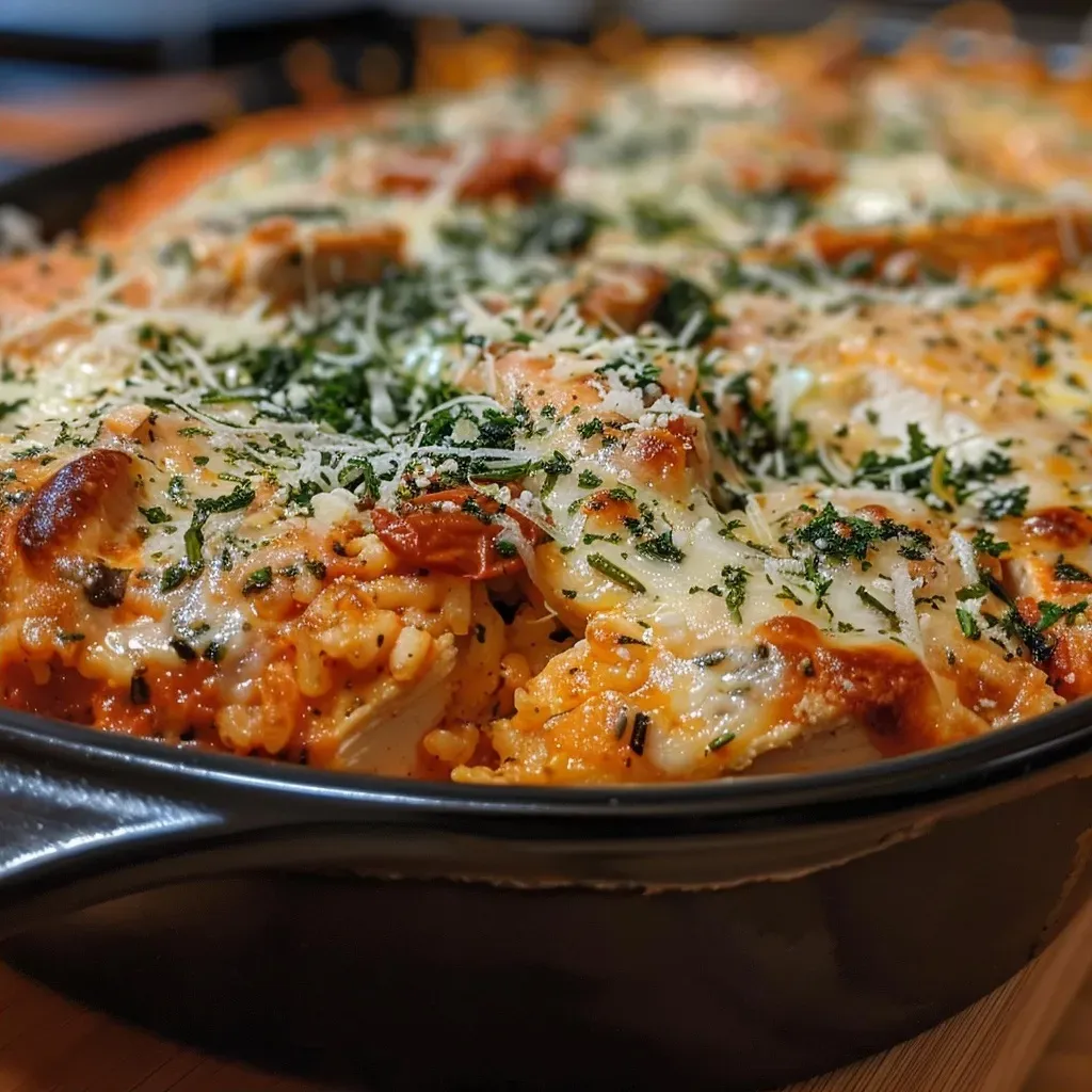 ['Close-up of a Chicken Parmesan Rice Bake with melted cheese and garnishes.', 'Side view of a delicious Chicken Parmesan Rice Bake in a baking dish.', 'Juicy Chicken Parmesan Rice Bake topped with herbs and cheese, served hot.', 'A hearty Chicken Parmesan Rice Bake showcasing layers of chicken and rice.']