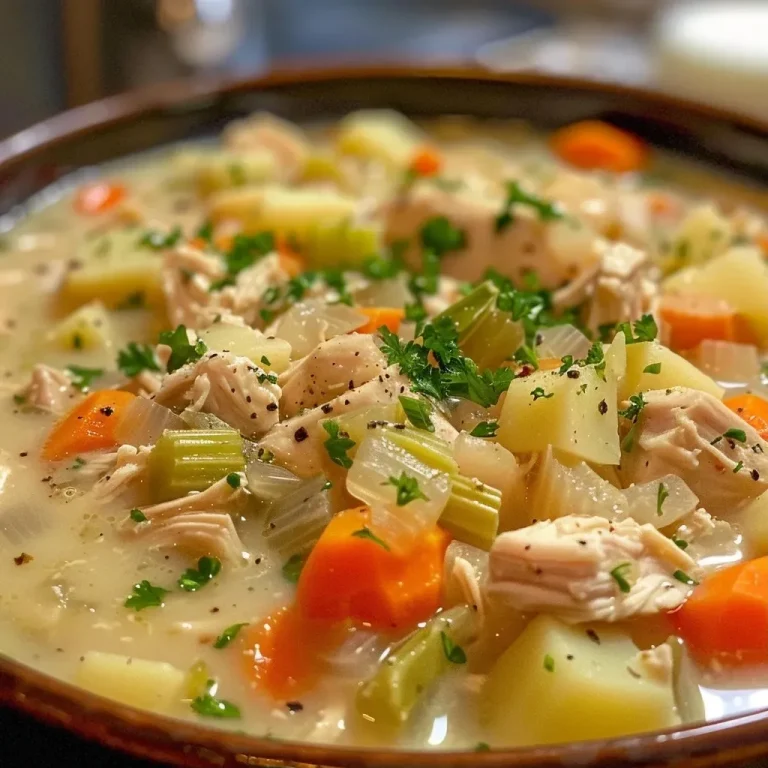 ['A close-up side view of a creamy Chicken Pot Pie Soup with visible chunks of chicken and vegetables.', 'A bowl filled with rich Chicken Pot Pie Soup showcasing colorful carrots, celery, and potatoes.', 'Juicy Chicken Pot Pie Soup captured from a side angle, displaying a hearty, rustic look.', 'A detailed shot of Chicken Pot Pie Soup highlighting the ingredients in a comforting, inviting bowl.']