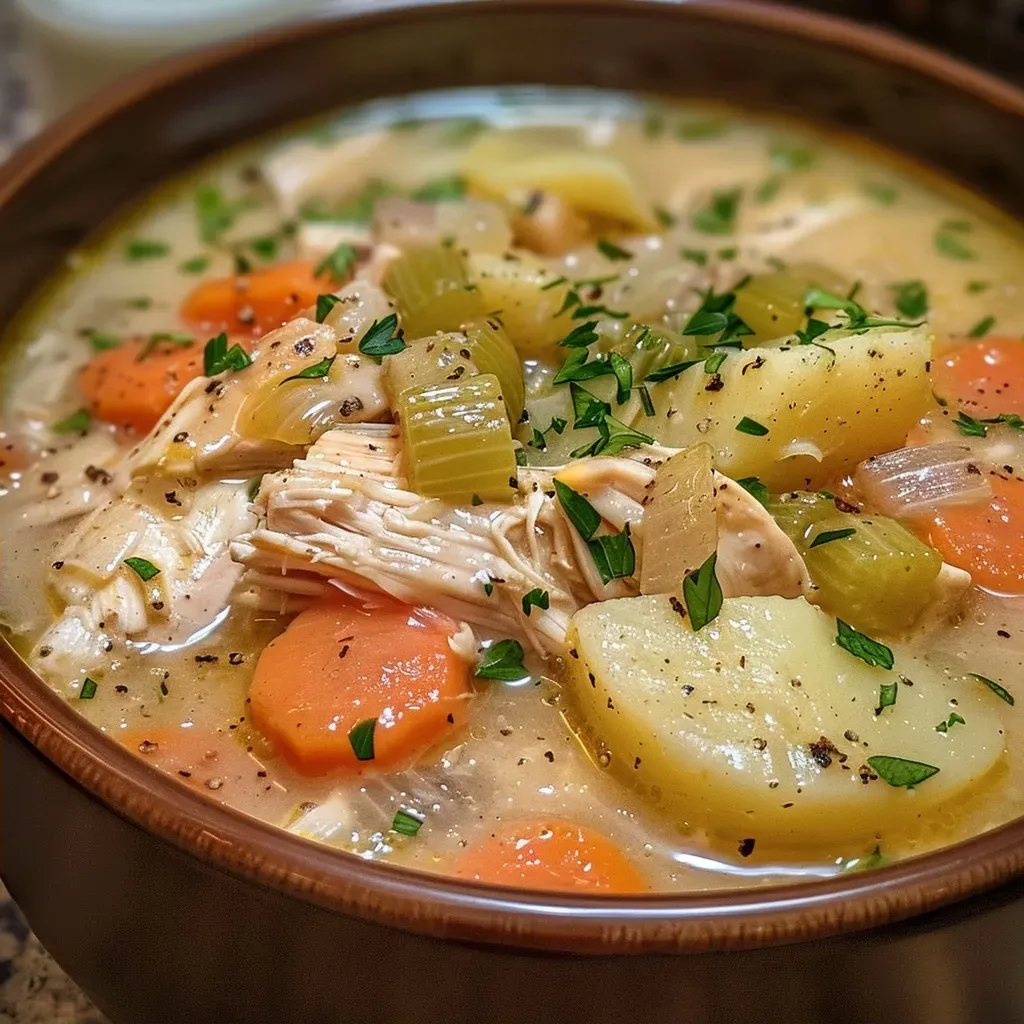 ['A close-up side view of a creamy Chicken Pot Pie Soup with visible chunks of chicken and vegetables.', 'A bowl filled with rich Chicken Pot Pie Soup showcasing colorful carrots, celery, and potatoes.', 'Juicy Chicken Pot Pie Soup captured from a side angle, displaying a hearty, rustic look.', 'A detailed shot of Chicken Pot Pie Soup highlighting the ingredients in a comforting, inviting bowl.']