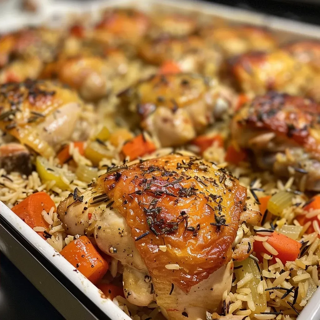 ['Close-up shot of a creamy chicken rice casserole with visible chicken pieces and vegetables.', 'Side view of a hearty chicken rice casserole, showcasing the rice, chicken, and colorful veggies.', 'Detailed image of a bubbling chicken rice casserole, highlighting the rich texture and ingredients.', 'Juicy chicken rice casserole in a baking dish, with golden brown chicken and creamy sauce.']