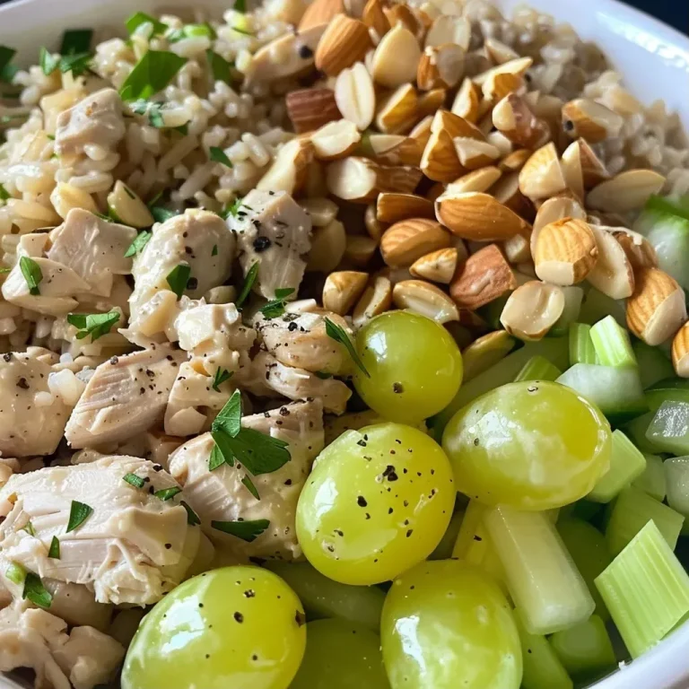 ['Close-up of a Chicken Salad and Brown Rice Bowl featuring diced chicken, grapes, and almonds.', 'Side view of a vibrant Chicken Salad bowl with brown rice, grapes, and honey mustard dressing.', 'Juicy Chicken Salad and Brown Rice Bowl garnished with slivered almonds and celery.', 'Colorful bowl of Chicken Salad with brown rice, honey mustard, and fresh ingredients.']