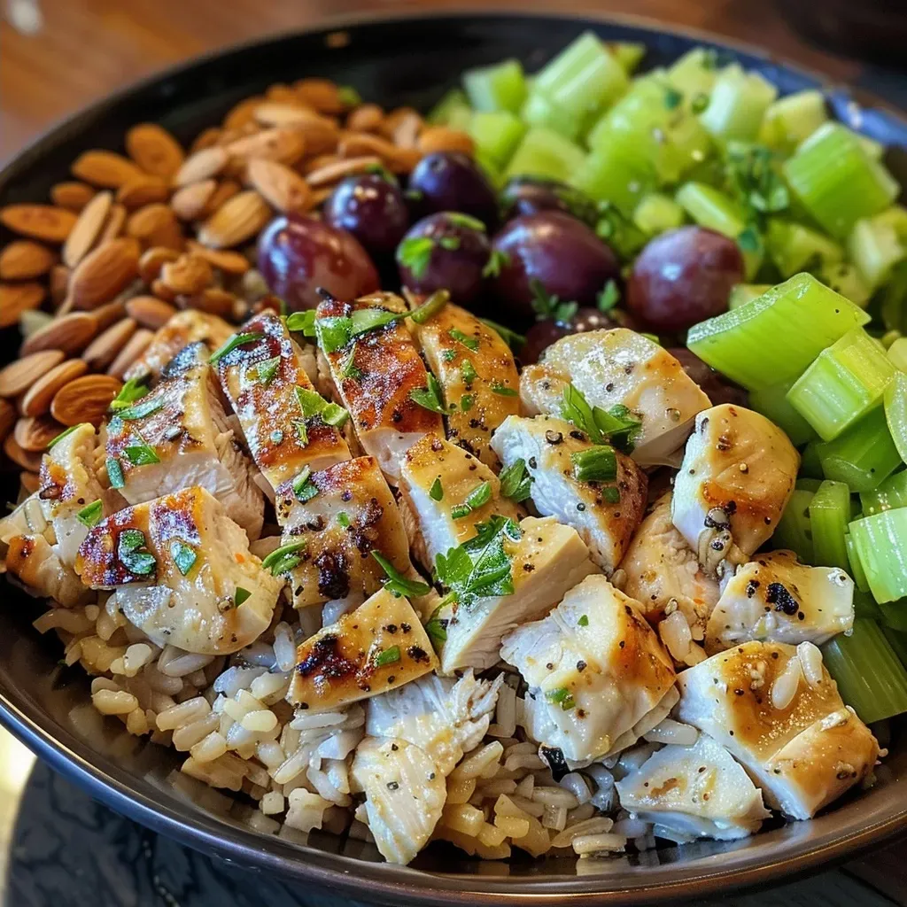 ['Close-up of a Chicken Salad and Brown Rice Bowl featuring diced chicken, grapes, and almonds.', 'Side view of a vibrant Chicken Salad bowl with brown rice, grapes, and honey mustard dressing.', 'Juicy Chicken Salad and Brown Rice Bowl garnished with slivered almonds and celery.', 'Colorful bowl of Chicken Salad with brown rice, honey mustard, and fresh ingredients.']