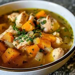['Close-up view of chicken soup with butternut squash, featuring visible chunks of chicken and vibrant orange squash.', 'Side view of a bowl of appetizing chicken soup, showcasing diced butternut squash and herbs on top.', 'A hearty chicken soup filled with golden butternut squash, garnished with chopped herbs and optional pumpkin seeds.', 'Luscious chicken soup displaying a rich broth with pieces of chicken and colorful butternut squash.']
