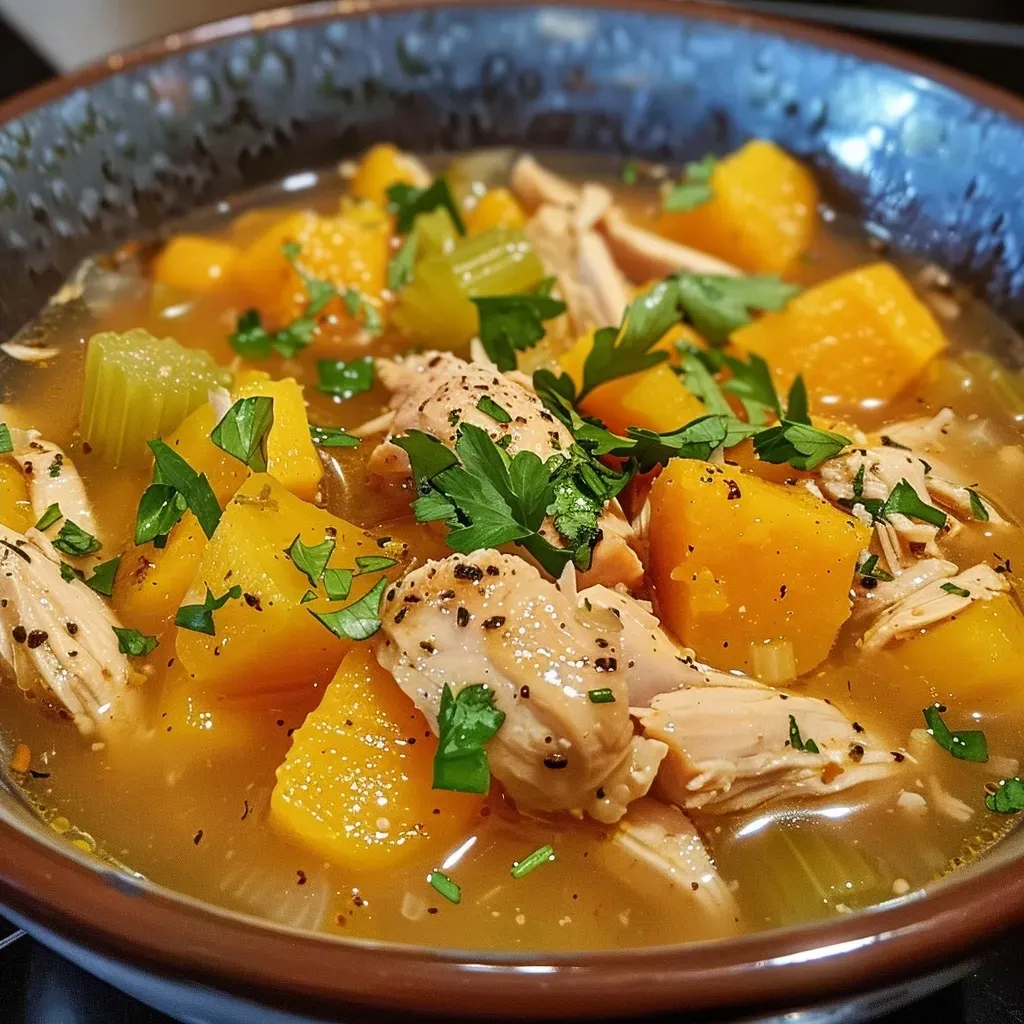 ['Close-up view of chicken soup with butternut squash, featuring visible chunks of chicken and vibrant orange squash.', 'Side view of a bowl of appetizing chicken soup, showcasing diced butternut squash and herbs on top.', 'A hearty chicken soup filled with golden butternut squash, garnished with chopped herbs and optional pumpkin seeds.', 'Luscious chicken soup displaying a rich broth with pieces of chicken and colorful butternut squash.']