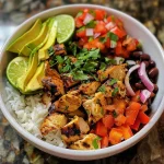 ['Close-up of a Chicken Taco Bowl with colorful ingredients including chicken, bell peppers, and avocado.', 'Side view of a Chicken Taco Bowl showcasing layers of rice, chicken, and fresh toppings.', 'Detailed view of a vibrant Chicken Taco Bowl filled with black beans, pico de gallo, and cilantro.', 'Juicy Chicken Taco Bowl featuring a blend of rice, chicken thighs, and garnishes like avocado and lime.']