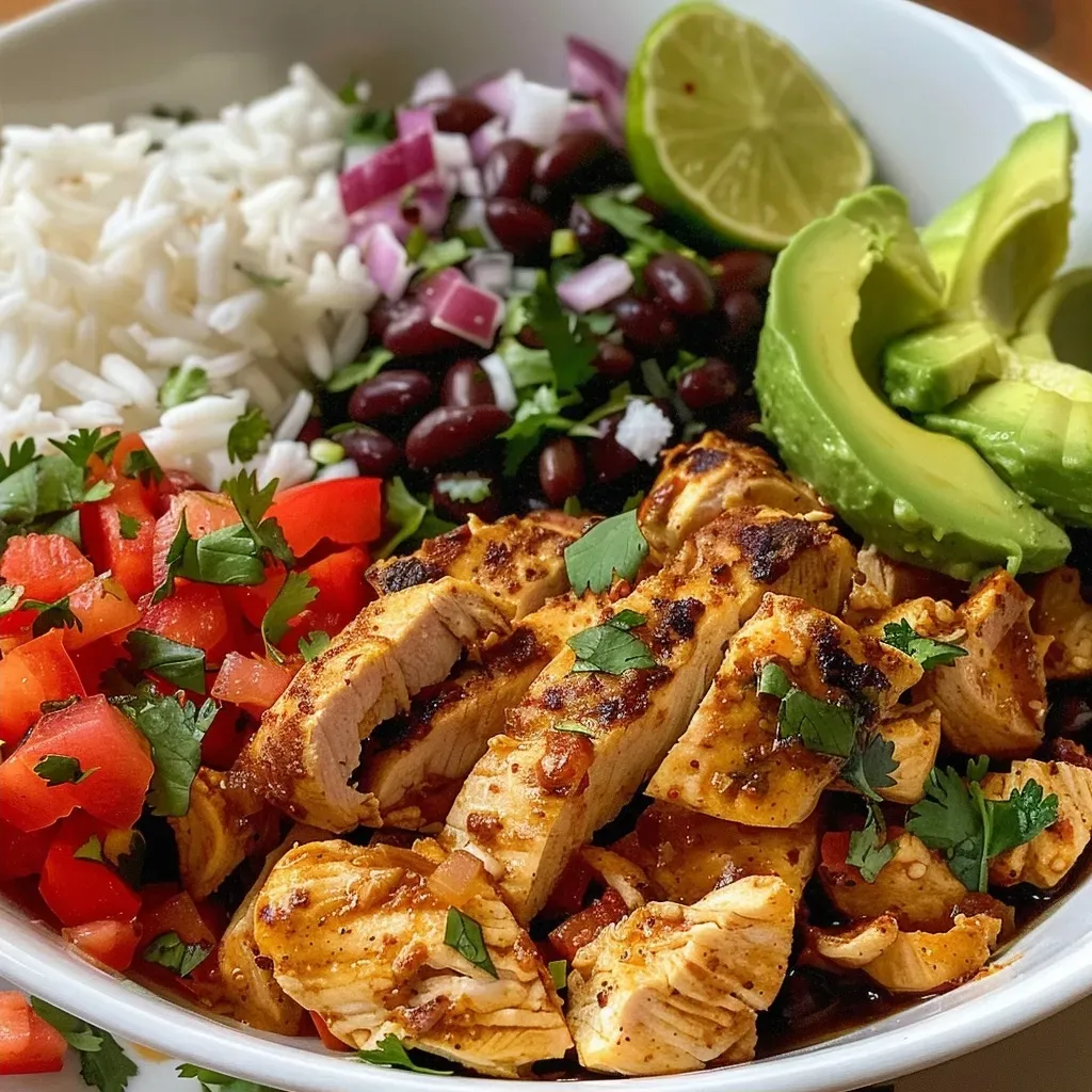 ['Close-up of a Chicken Taco Bowl with colorful ingredients including chicken, bell peppers, and avocado.', 'Side view of a Chicken Taco Bowl showcasing layers of rice, chicken, and fresh toppings.', 'Detailed view of a vibrant Chicken Taco Bowl filled with black beans, pico de gallo, and cilantro.', 'Juicy Chicken Taco Bowl featuring a blend of rice, chicken thighs, and garnishes like avocado and lime.']