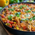['A close-up view of Chicken Taco Rice Skillet Bake with colorful toppings.', 'Juicy Chicken Taco Rice Skillet Bake showcasing vibrant ingredients.', 'Side view of a hearty Chicken Taco Rice Skillet Bake, topped with cheese and cilantro.', 'Delicious Chicken Taco Rice Skillet Bake illustration featuring diced chicken and vegetables.']