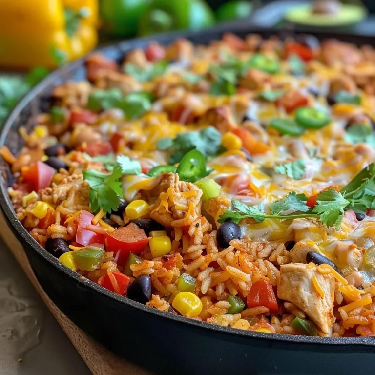 ['A close-up view of Chicken Taco Rice Skillet Bake with colorful toppings.', 'Juicy Chicken Taco Rice Skillet Bake showcasing vibrant ingredients.', 'Side view of a hearty Chicken Taco Rice Skillet Bake, topped with cheese and cilantro.', 'Delicious Chicken Taco Rice Skillet Bake illustration featuring diced chicken and vegetables.']