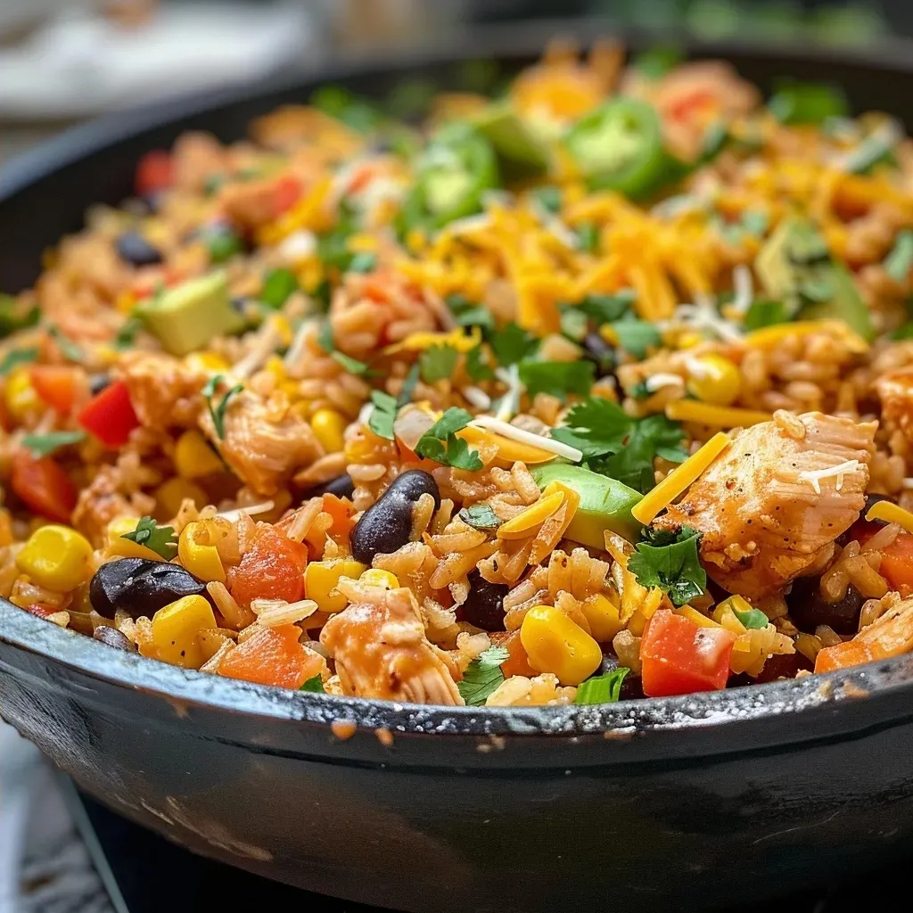 ['A close-up view of Chicken Taco Rice Skillet Bake with colorful toppings.', 'Juicy Chicken Taco Rice Skillet Bake showcasing vibrant ingredients.', 'Side view of a hearty Chicken Taco Rice Skillet Bake, topped with cheese and cilantro.', 'Delicious Chicken Taco Rice Skillet Bake illustration featuring diced chicken and vegetables.']