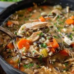 ['Close-up of creamy Chicken Wild Rice Soup in a bowl, featuring chunks of chicken and wild rice.', 'Side view of a bowl filled with Chicken Wild Rice Soup, garnished with fresh parsley.', 'Delicious Chicken Wild Rice Soup showcasing vegetables and shredded chicken, presented in a rustic bowl.', 'A hearty portion of Chicken Wild Rice Soup with visible ingredients like carrots and celery.']