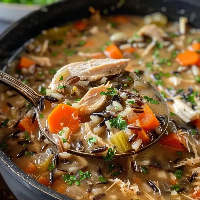 ['Close-up of creamy Chicken Wild Rice Soup in a bowl, featuring chunks of chicken and wild rice.', 'Side view of a bowl filled with Chicken Wild Rice Soup, garnished with fresh parsley.', 'Delicious Chicken Wild Rice Soup showcasing vegetables and shredded chicken, presented in a rustic bowl.', 'A hearty portion of Chicken Wild Rice Soup with visible ingredients like carrots and celery.']