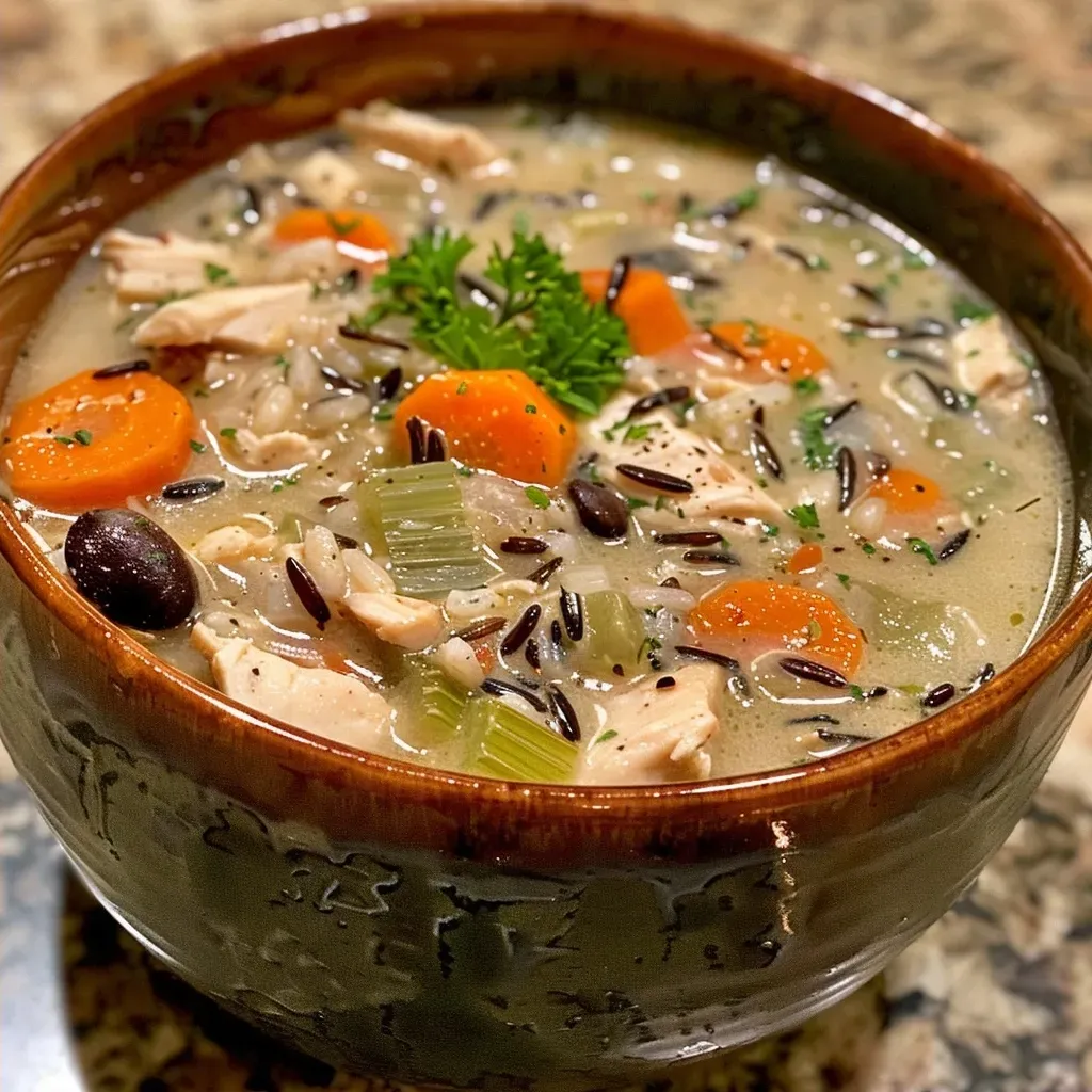 ['Close-up of creamy Chicken Wild Rice Soup in a bowl, featuring chunks of chicken and wild rice.', 'Side view of a bowl filled with Chicken Wild Rice Soup, garnished with fresh parsley.', 'Delicious Chicken Wild Rice Soup showcasing vegetables and shredded chicken, presented in a rustic bowl.', 'A hearty portion of Chicken Wild Rice Soup with visible ingredients like carrots and celery.']