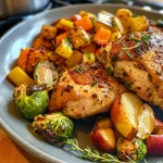 ['Close-up view of juicy chicken breast topped with chopped apples and vegetables in a sauce.', 'Side view of chicken dish featuring apples and colorful veggies drizzled with a maple dijon sauce.', 'Detailed shot of a plate with butterflied chicken, apples, brussels sprouts, and butternut squash.', 'Appetizing close-up of chicken with caramelized apples and roasted vegetables in a glossy sauce.']