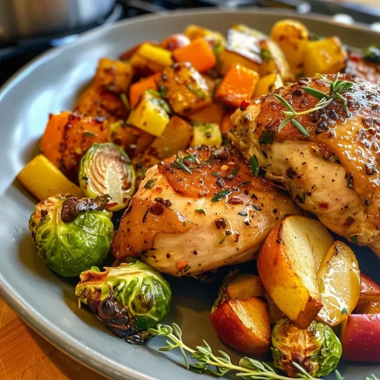 ['Close-up view of juicy chicken breast topped with chopped apples and vegetables in a sauce.', 'Side view of chicken dish featuring apples and colorful veggies drizzled with a maple dijon sauce.', 'Detailed shot of a plate with butterflied chicken, apples, brussels sprouts, and butternut squash.', 'Appetizing close-up of chicken with caramelized apples and roasted vegetables in a glossy sauce.']