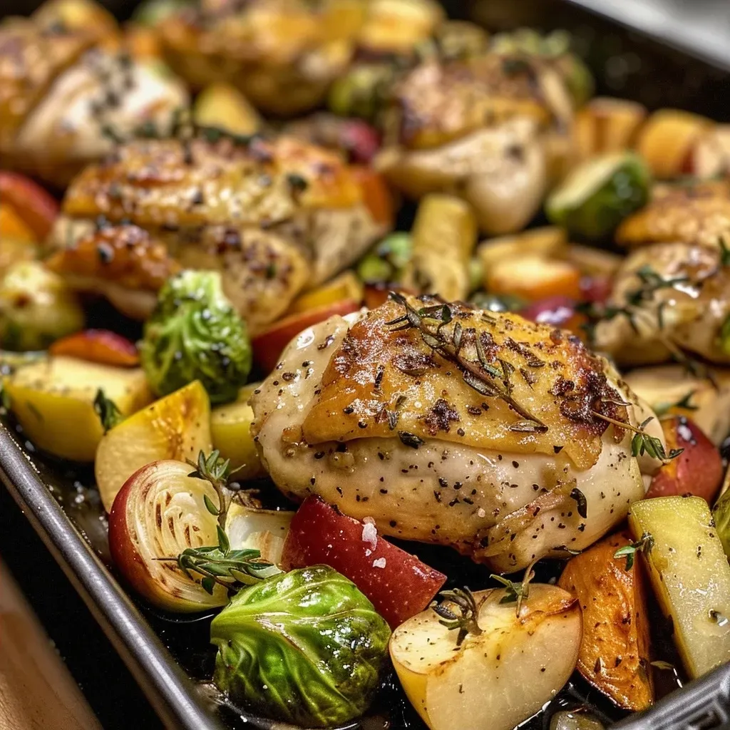 ['Close-up view of juicy chicken breast topped with chopped apples and vegetables in a sauce.', 'Side view of chicken dish featuring apples and colorful veggies drizzled with a maple dijon sauce.', 'Detailed shot of a plate with butterflied chicken, apples, brussels sprouts, and butternut squash.', 'Appetizing close-up of chicken with caramelized apples and roasted vegetables in a glossy sauce.']