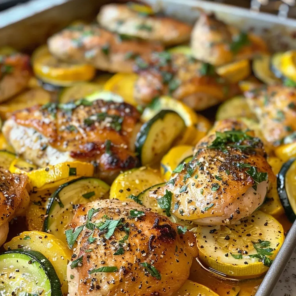 ['Juicy, golden-brown chicken breasts alongside vibrant slices of zucchini and yellow squash.', 'Close-up view of cooked chicken with colorful squash garnished with fresh parsley and Parmesan.', 'Sliced zucchini and yellow squash arranged artfully beside grilled chicken, showcasing a delicious meal.', 'Tender chicken pieces with sautéed zucchini and squash, a flavorful and healthy dish.']