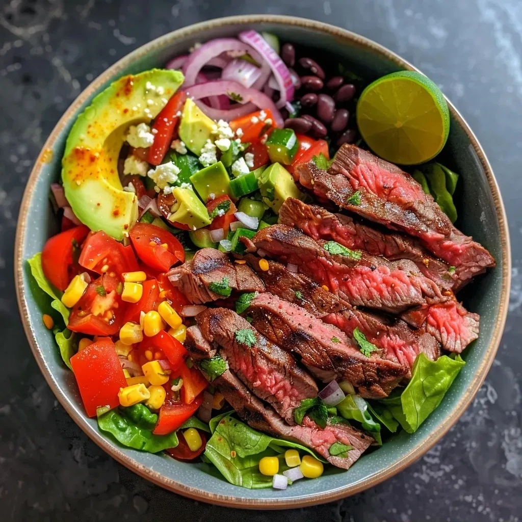 ['A vibrant Chilli and Lime Steak Salad Bowl featuring grilled steak, colorful vegetables, and fresh avocado.', 'A close-up view of a delicious Chilli and Lime Steak Salad Bowl with steak, lettuce, and toppings.', 'A well-presented salad bowl showcasing juicy steak, chopped vegetables, and a wedge of lime.', 'Bright and appetizing Chilli and Lime Steak Salad Bowl, highlighting fresh ingredients and creamy toppings.']