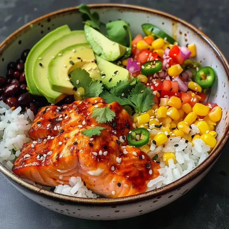 ['A close-up side view of a Chipotle Honey Salmon bowl featuring colorful ingredients.', 'Juicy salmon fillets glazed with honey and chipotle, surrounded by rice and fresh vegetables.', 'A beautifully arranged bowl with salmon, avocado slices, and vibrant toppings.', 'An appetizing bowl filled with honey chipotle salmon, rice, corn, and garnishes.']