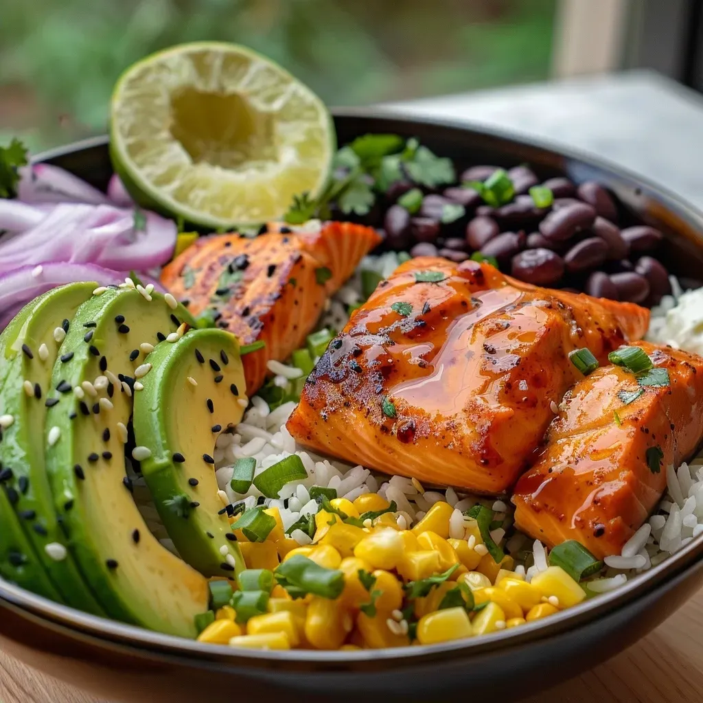 ['A close-up side view of a Chipotle Honey Salmon bowl featuring colorful ingredients.', 'Juicy salmon fillets glazed with honey and chipotle, surrounded by rice and fresh vegetables.', 'A beautifully arranged bowl with salmon, avocado slices, and vibrant toppings.', 'An appetizing bowl filled with honey chipotle salmon, rice, corn, and garnishes.']