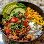 ['Close-up view of a colorful Chipotle-style chicken taco bowl with vibrant ingredients.', 'Side view of a delicious chicken taco bowl featuring rice, veggies, and toppings.', 'A detailed look at a packed Chipotle-inspired chicken taco bowl meal prep in a container.', 'Juicy ground chicken taco bowl with fresh ingredients and garnishes ready for serving.']