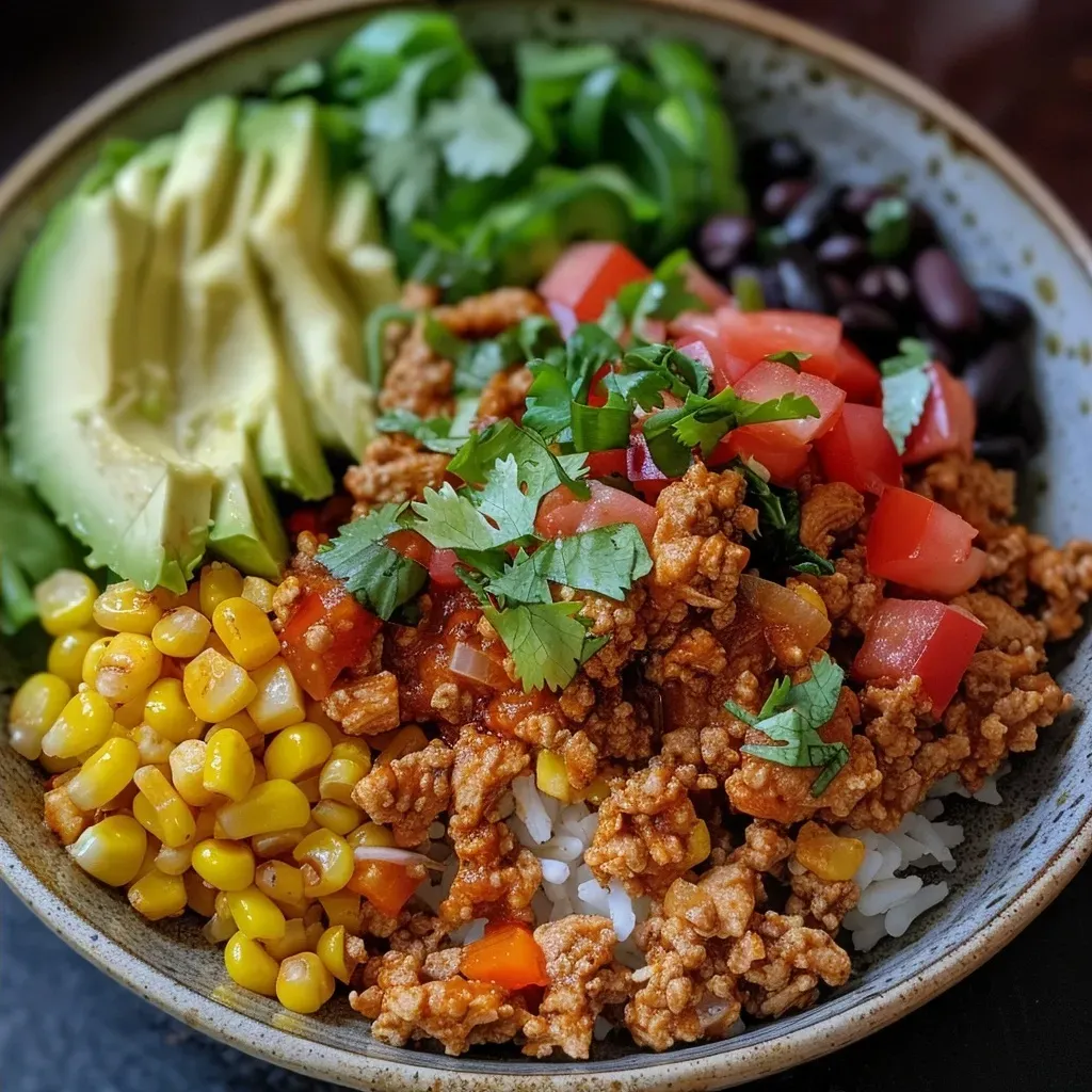 ['Close-up view of a colorful Chipotle-style chicken taco bowl with vibrant ingredients.', 'Side view of a delicious chicken taco bowl featuring rice, veggies, and toppings.', 'A detailed look at a packed Chipotle-inspired chicken taco bowl meal prep in a container.', 'Juicy ground chicken taco bowl with fresh ingredients and garnishes ready for serving.']