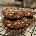 ['Close-up of a chocolate almond cookie showcasing its texture and rich color.', 'Side view of chocolate almond cookies with visible chunks of almonds.', 'A bite-sized chocolate almond cookie highlighting its moist and crumbly surface.', 'Chocolate almond cookies arranged beautifully, emphasizing their glossy finish.']