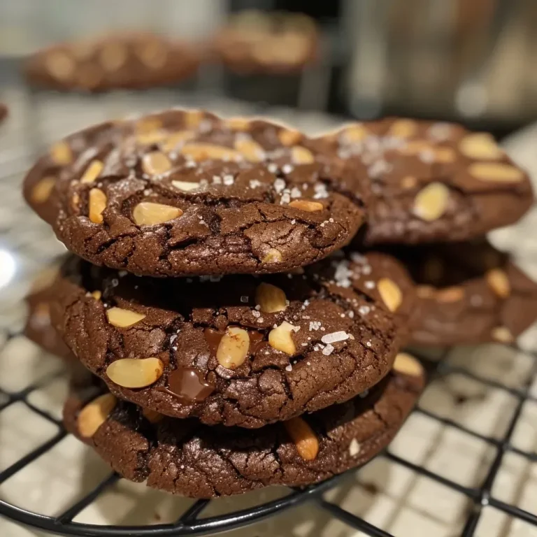 ['Close-up of a chocolate almond cookie showcasing its texture and rich color.', 'Side view of chocolate almond cookies with visible chunks of almonds.', 'A bite-sized chocolate almond cookie highlighting its moist and crumbly surface.', 'Chocolate almond cookies arranged beautifully, emphasizing their glossy finish.']