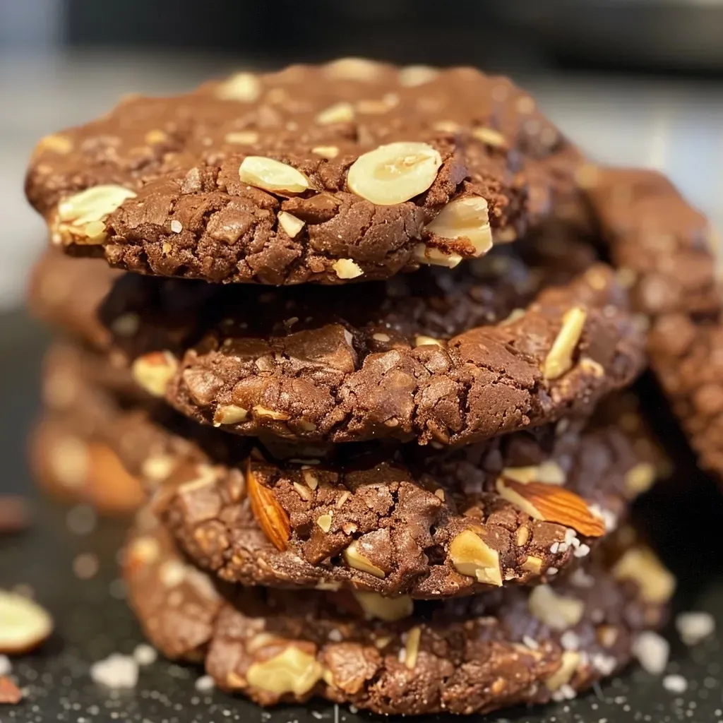 ['Close-up of a chocolate almond cookie showcasing its texture and rich color.', 'Side view of chocolate almond cookies with visible chunks of almonds.', 'A bite-sized chocolate almond cookie highlighting its moist and crumbly surface.', 'Chocolate almond cookies arranged beautifully, emphasizing their glossy finish.']