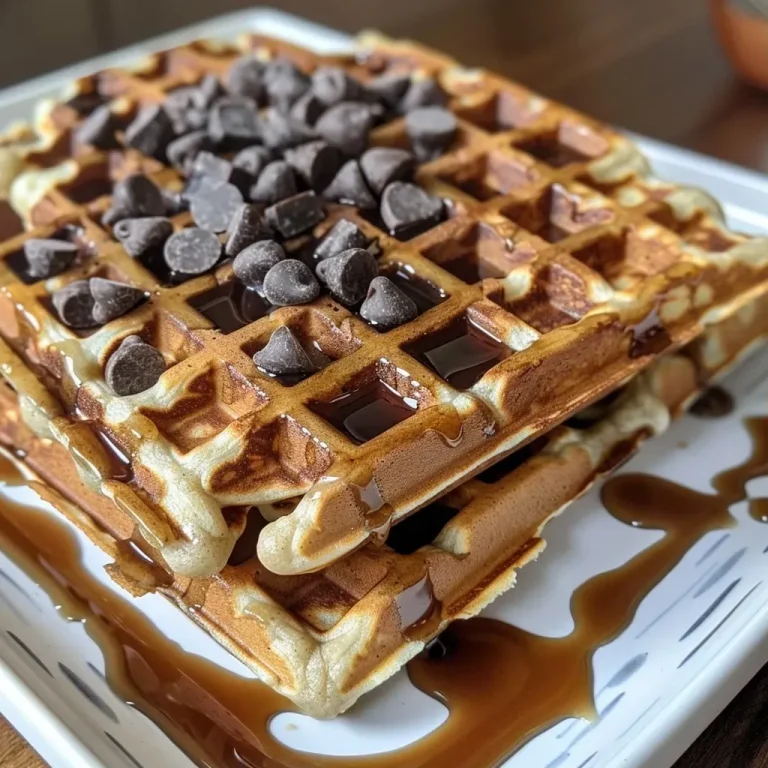 ['Close-up view of fluffy chocolate chip protein waffles stacked on a plate.', 'Side profile of golden brown chocolate chip waffles with melting chocolate chips.', 'Delicious protein waffles topped with dark chocolate chips on a wooden table.', 'Juicy chocolate chip waffles served on a white plate, showcasing their texture.']
