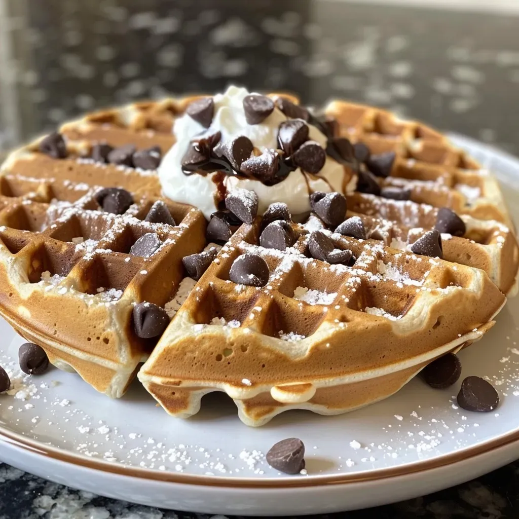['Close-up view of fluffy chocolate chip protein waffles stacked on a plate.', 'Side profile of golden brown chocolate chip waffles with melting chocolate chips.', 'Delicious protein waffles topped with dark chocolate chips on a wooden table.', 'Juicy chocolate chip waffles served on a white plate, showcasing their texture.']