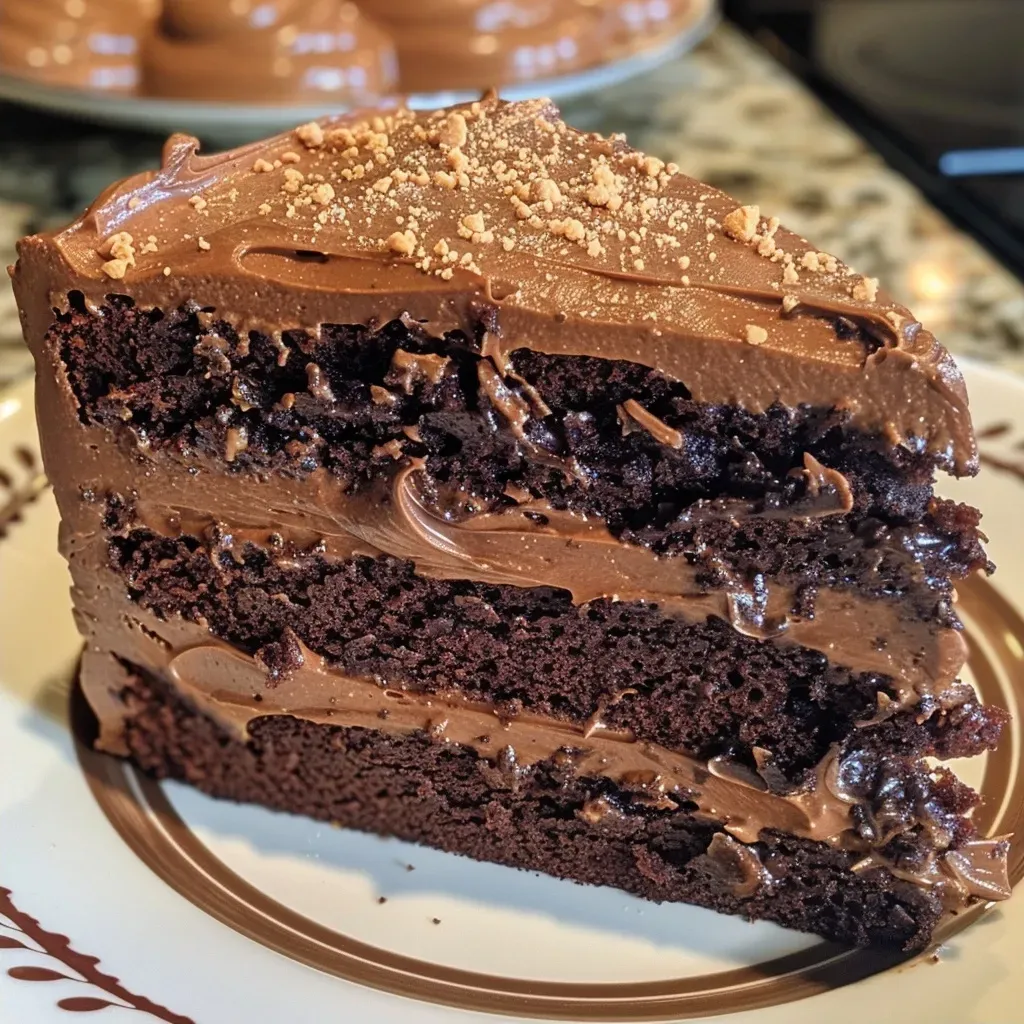['Close-up side view of a rich chocolate peanut butter cake with a glossy frosting.', 'Side angle of a decadent chocolate peanut butter cake showcasing its layers and toppings.', 'A detailed view of a lush chocolate peanut butter cake with creamy frosting and peanut butter spread.', 'Appetizing side profile of a chocolate peanut butter cake with a moist texture and a drizzle of chocolate.']
