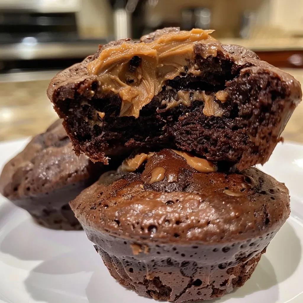 ['Close-up side view of freshly baked chocolate peanut butter muffins on a wooden surface.', 'Juicy chocolate peanut butter muffins displayed in a rustic setting, highlighting their texture.', 'A single chocolate peanut butter muffin showcasing a rich, moist interior and glossy exterior.', 'Side view of delectable chocolate peanut butter muffins stacked on a plate, revealing their enticing layers.']