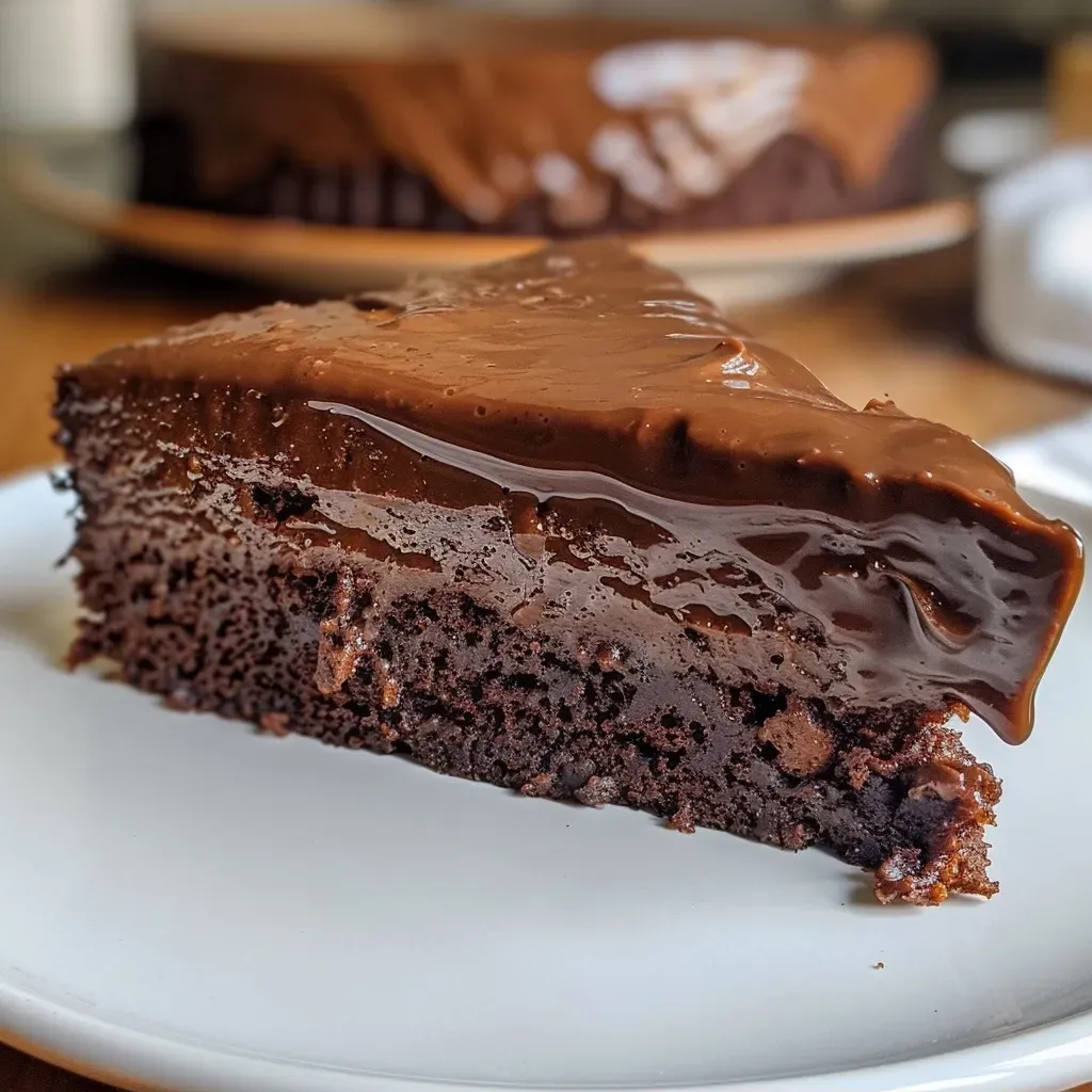 ['A side view of a moist chocolate protein cake showcasing a rich chocolate frosting.', 'Close-up of a chocolate protein cake with a glossy frosting, revealing its layered texture.', 'A slice of chocolate protein cake from the side, highlighting the fluffy interior and smooth chocolate covering.', 'Juicy chocolate protein cake displayed at an angle, accentuating its decadent appearance.']