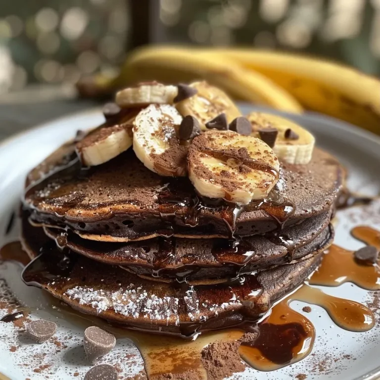 ['Close-up of moist chocolate protein pancakes stacked on a plate.', 'Side view of delicious chocolate protein pancakes topped with syrup.', 'Juicy chocolate protein pancakes with a banana and egg ingredients in the background.', 'Golden brown chocolate protein pancakes served on a white plate.']