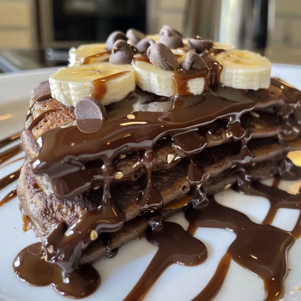 ['A close-up side view of fluffy chocolate protein pancakes stacked high.', 'A mouth-watering shot of chocolate protein pancakes with a drizzle of syrup.', 'Delicious chocolate protein pancakes featuring rich cocoa and oats.', 'A tempting display of chocolate protein pancakes ready to be enjoyed.']