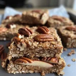 ['Golden brown Cinnamon Apple Oatmeal Bars arranged in a rustic setting.', 'Side view of freshly baked Cinnamon Apple Oatmeal Bars with visible chunks of apple.', 'Close-up of warm Cinnamon Apple Oatmeal Bars, highlighting their texture and ingredients.', 'A delicious slice of Cinnamon Apple Oatmeal Bar on a wooden surface.']