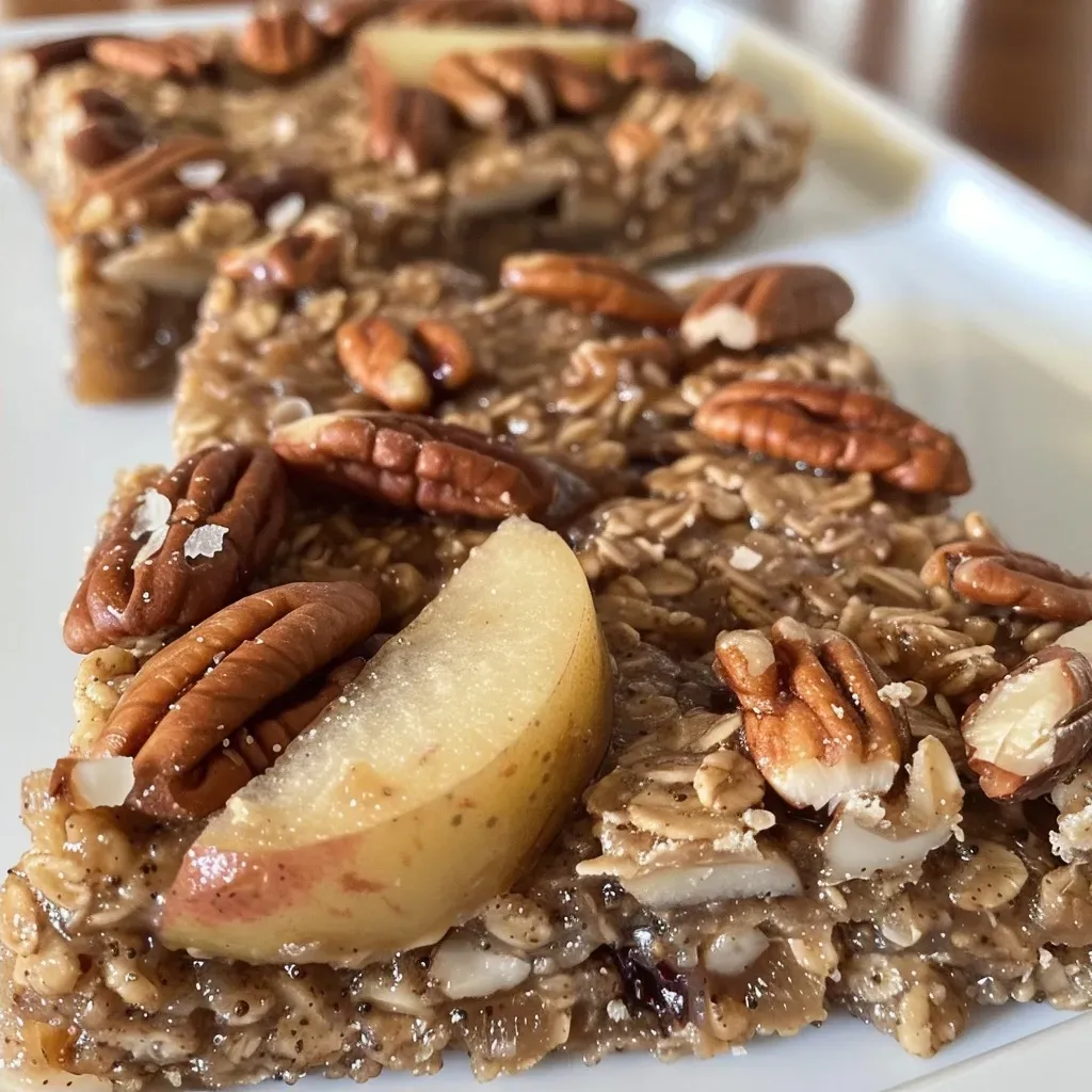 ['Golden brown Cinnamon Apple Oatmeal Bars arranged in a rustic setting.', 'Side view of freshly baked Cinnamon Apple Oatmeal Bars with visible chunks of apple.', 'Close-up of warm Cinnamon Apple Oatmeal Bars, highlighting their texture and ingredients.', 'A delicious slice of Cinnamon Apple Oatmeal Bar on a wooden surface.']