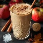 ['Close-up of a creamy cinnamon apple smoothie in a glass, showcasing its rich texture.', 'Side view of a vibrant red apple smoothie with a sprinkle of cinnamon on top.', 'Appetizing cinnamon apple smoothie in a clear glass, featuring chunks of apple and ice cubes.', 'Refreshing smoothie made with apple and oats, presented in a stylish setting.']