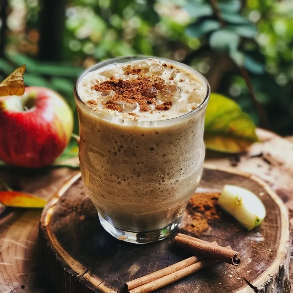 ['Close-up of a creamy cinnamon apple smoothie in a glass, showcasing its rich texture.', 'Side view of a vibrant red apple smoothie with a sprinkle of cinnamon on top.', 'Appetizing cinnamon apple smoothie in a clear glass, featuring chunks of apple and ice cubes.', 'Refreshing smoothie made with apple and oats, presented in a stylish setting.']