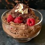 ['Close-up view of creamy chocolate mousse made with cottage cheese, garnished with dark chocolate shavings.', 'Side shot of a rich cottage cheese chocolate mousse dessert, topped with whipped cream and fresh berries.', 'Luscious chocolate mousse in a glass, highlighting its smooth texture and glossy surface.', 'Delicious cottage cheese chocolate mousse presented in a clear dish, showcasing its deep brown color.']
