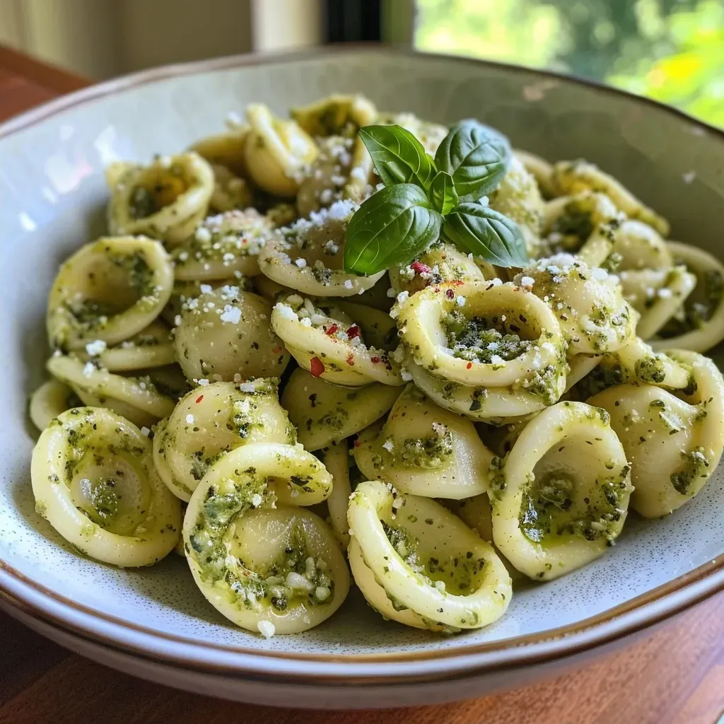 ['Close-up of creamy pesto pasta with cottage cheese, garnished with red pepper flakes and fresh basil.', 'Side view of a vibrant bowl of Cottage Cheese Creamy Pesto Pasta, topped with Parmesan cheese.', 'Juicy orecchiette pasta mixed with basil pesto and cottage cheese, showcasing a textured surface.', 'Delicious serving of pasta featuring a creamy pesto sauce, scattered with crushed red pepper and herbs.']