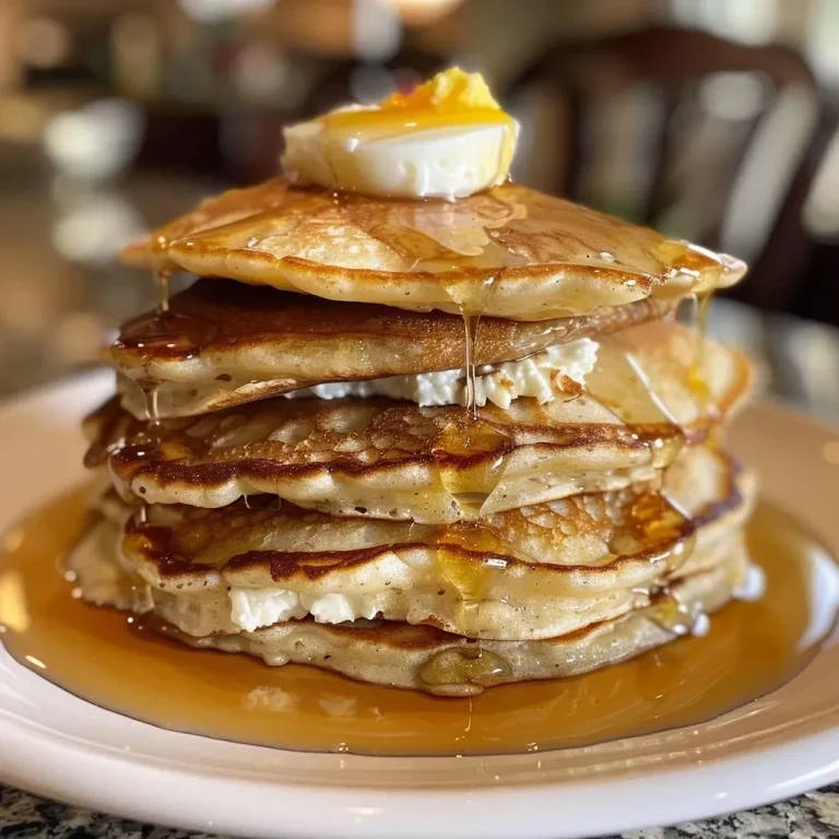 ['A close-up view of fluffy cottage cheese pancakes stacked on a plate.', 'Side view of golden-brown cottage cheese pancakes with syrup drizzled on top.', 'Delicious cottage cheese pancakes garnished with fresh fruit and syrup.', 'Soft, thick cottage cheese pancakes served on a rustic wooden table.']