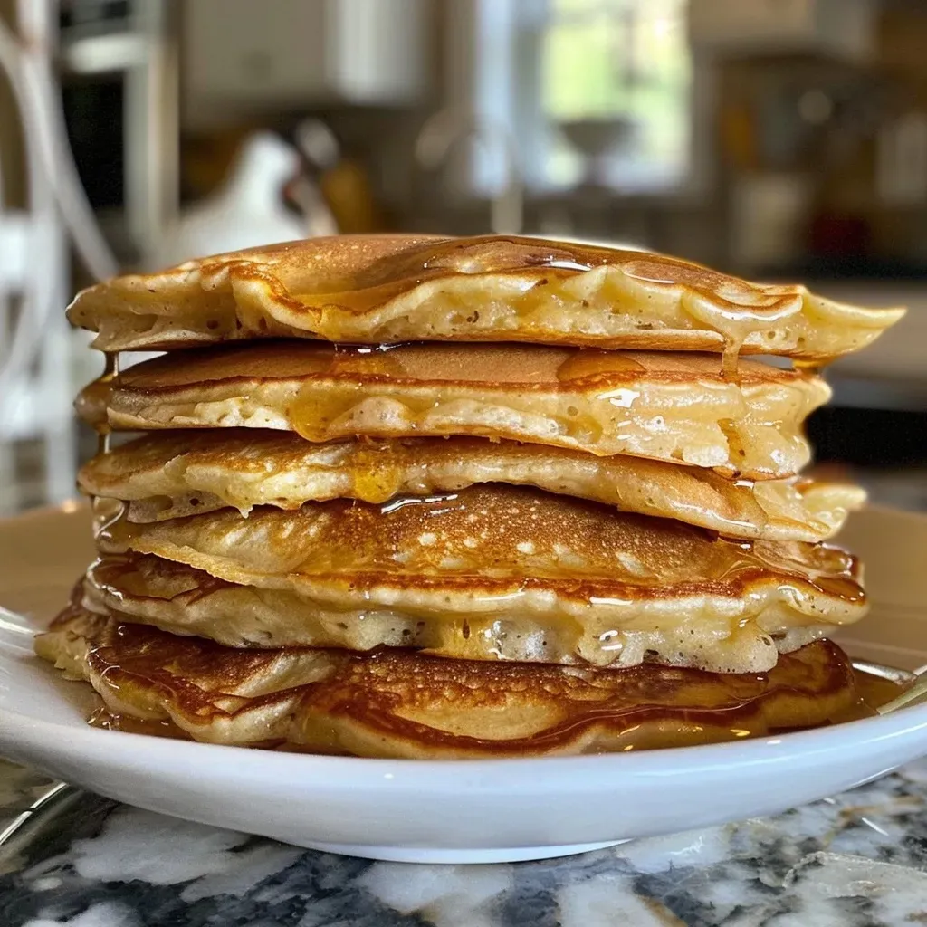 ['A close-up view of fluffy cottage cheese pancakes stacked on a plate.', 'Side view of golden-brown cottage cheese pancakes with syrup drizzled on top.', 'Delicious cottage cheese pancakes garnished with fresh fruit and syrup.', 'Soft, thick cottage cheese pancakes served on a rustic wooden table.']