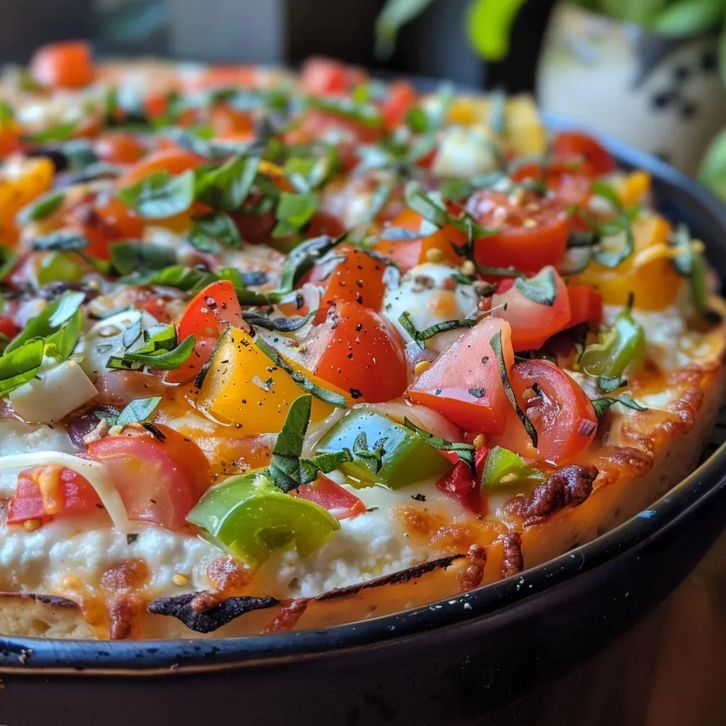 ['A close-up view of a Cottage Cheese Pizza Bowl filled with colorful ingredients.', 'Side angle of a Cottage Cheese Pizza Bowl showcasing its fresh toppings and texture.', 'Juicy Cottage Cheese Pizza Bowl with diced vegetables and melted cheese, shot from the side.', 'Detailed image of a Cottage Cheese Pizza Bowl featuring cottage cheese, tomatoes, and bell peppers.']