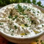 ['Close-up view of creamy cottage cheese ranch dip in a bowl, garnished with herbs.', 'Side view of thick cottage cheese ranch dip, showcasing its smooth texture and rich color.', 'Freshly prepared cottage cheese ranch dip in a stylish bowl, with visible herbs and spices.', 'Appetizing cottage cheese ranch dip displayed in a close-up shot, highlighting its creamy consistency.']