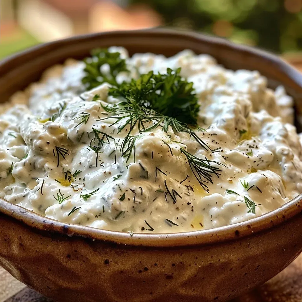 ['Close-up view of creamy cottage cheese ranch dip in a bowl, garnished with herbs.', 'Side view of thick cottage cheese ranch dip, showcasing its smooth texture and rich color.', 'Freshly prepared cottage cheese ranch dip in a stylish bowl, with visible herbs and spices.', 'Appetizing cottage cheese ranch dip displayed in a close-up shot, highlighting its creamy consistency.']