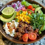 ['A close-up side view of a Cottage Cheese Taco Bowl topped with colorful ingredients.', 'Detailed image of a Cottage Cheese Taco Bowl filled with ground meat, vegetables, and avocado.', 'Cottage Cheese Taco Bowl presented with fresh toppings in a vibrant arrangement.', 'A delicious Cottage Cheese Taco Bowl featuring cottage cheese, ground beef, and fresh produce.']