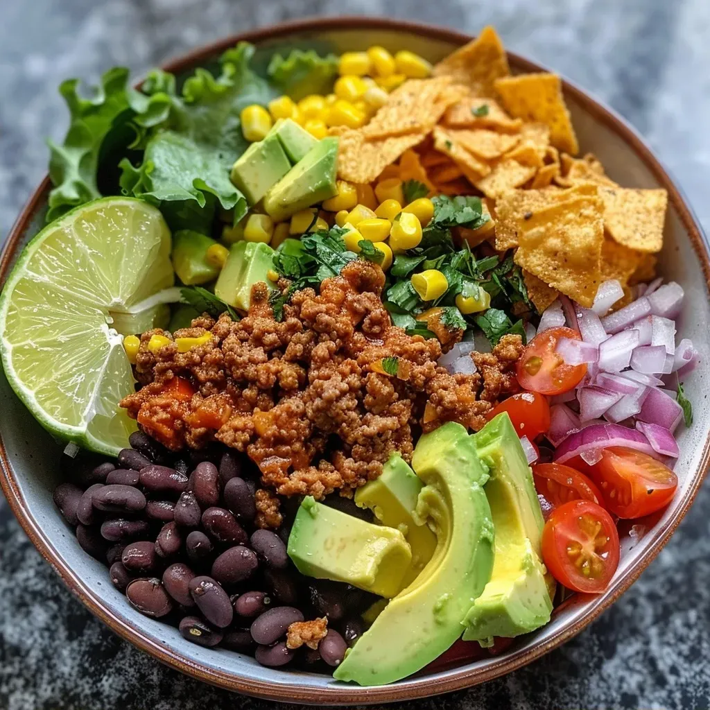 ['A close-up side view of a Cottage Cheese Taco Bowl topped with colorful ingredients.', 'Detailed image of a Cottage Cheese Taco Bowl filled with ground meat, vegetables, and avocado.', 'Cottage Cheese Taco Bowl presented with fresh toppings in a vibrant arrangement.', 'A delicious Cottage Cheese Taco Bowl featuring cottage cheese, ground beef, and fresh produce.']